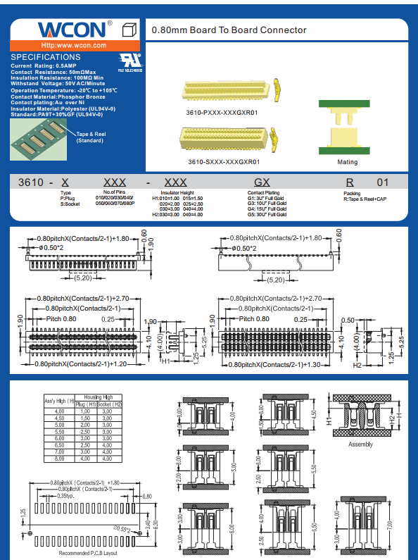 0.8mm, доска к соединителю доски, SMT, белому, полиэстеру, латуни.