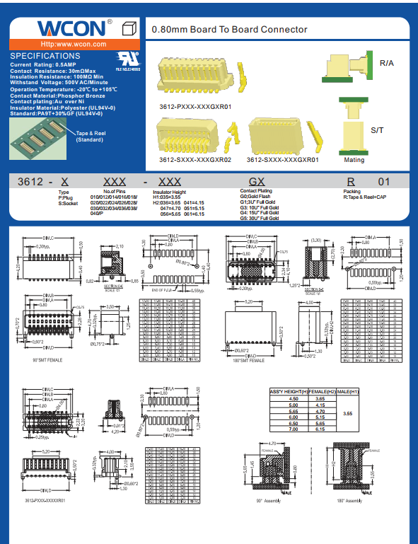 0.8mm, доска к соединителю доски, SMT, белому, полиэстеру, латуни.